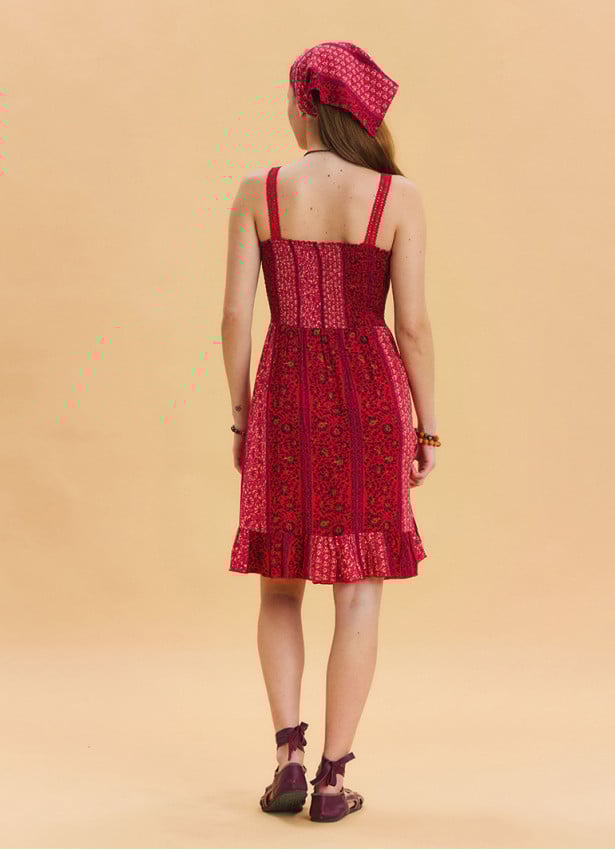 Strap Lace Collar Red Floral Dress 4574